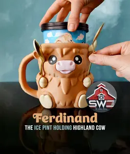 Ferdinand Highland Cow Ice Cream Pint Holder – 3D Printed with Spoon Slots & Snack Drawer | Cute Gift