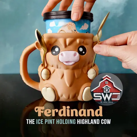 Ferdinand Highland Cow Ice Cream Pint Holder – 3D Printed with Spoon Slots & Snack Drawer | Cute Gift