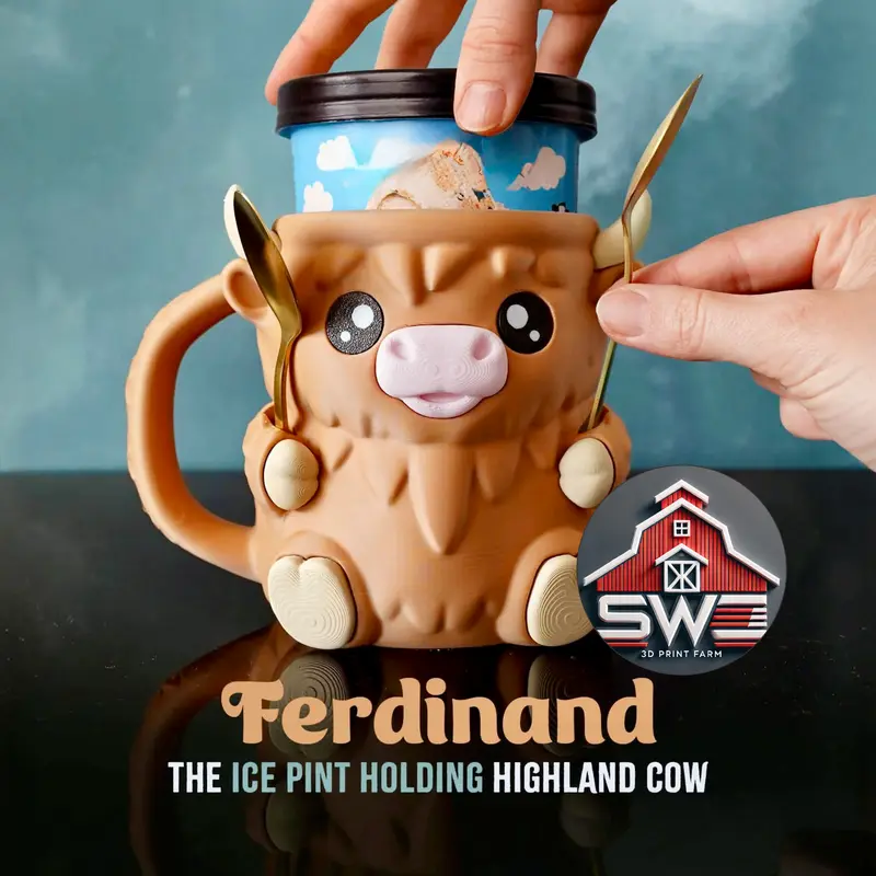 Ferdinand Highland Cow Ice Cream Pint Holder – 3D Printed with Spoon Slots & Snack Drawer | Cute Gift