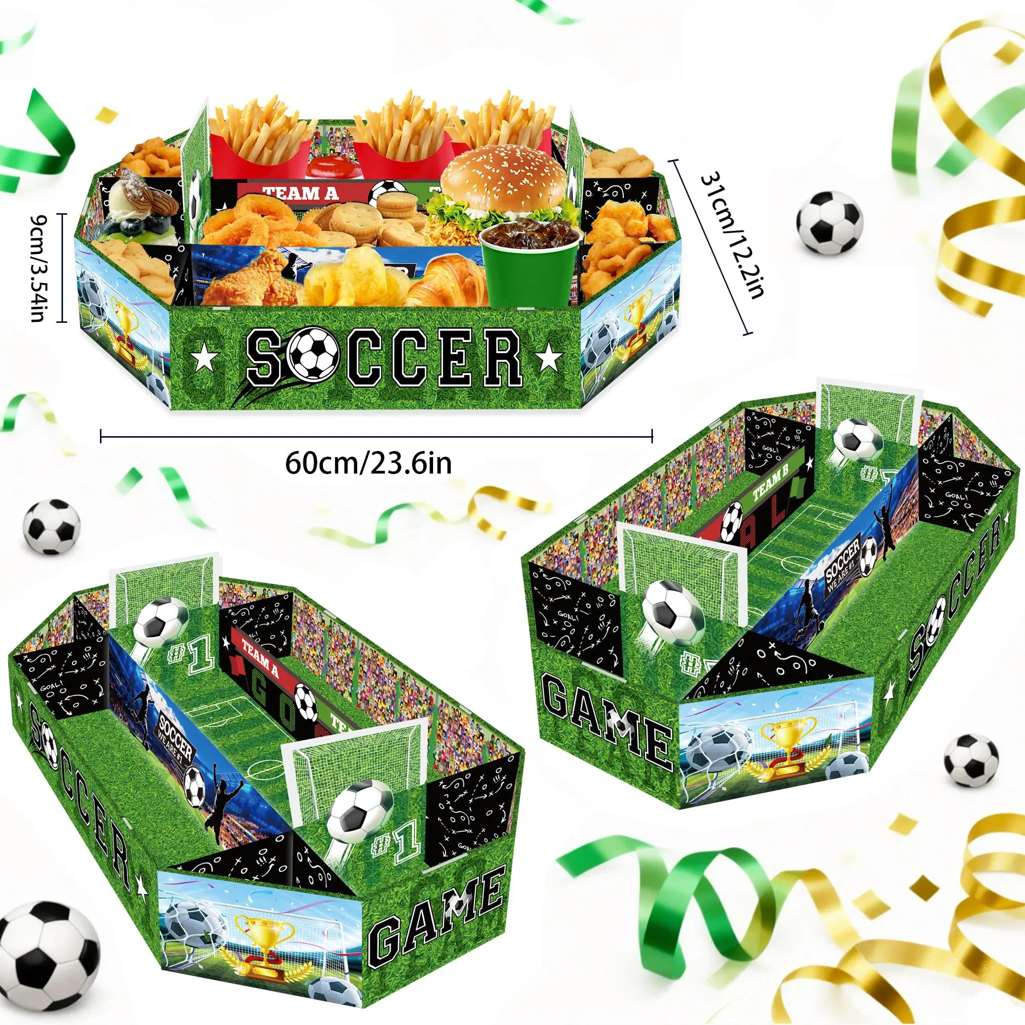 Soccer Snack Tray &Party Decorations for Game Day Celebration –23.6 x12.2inch spacious storage-Tailgate Essentials and Unique Soccer Decor, Birthday Party Favors, Goodie Bags, and Sports Event Party Supplies for Fans，Christmas decorations