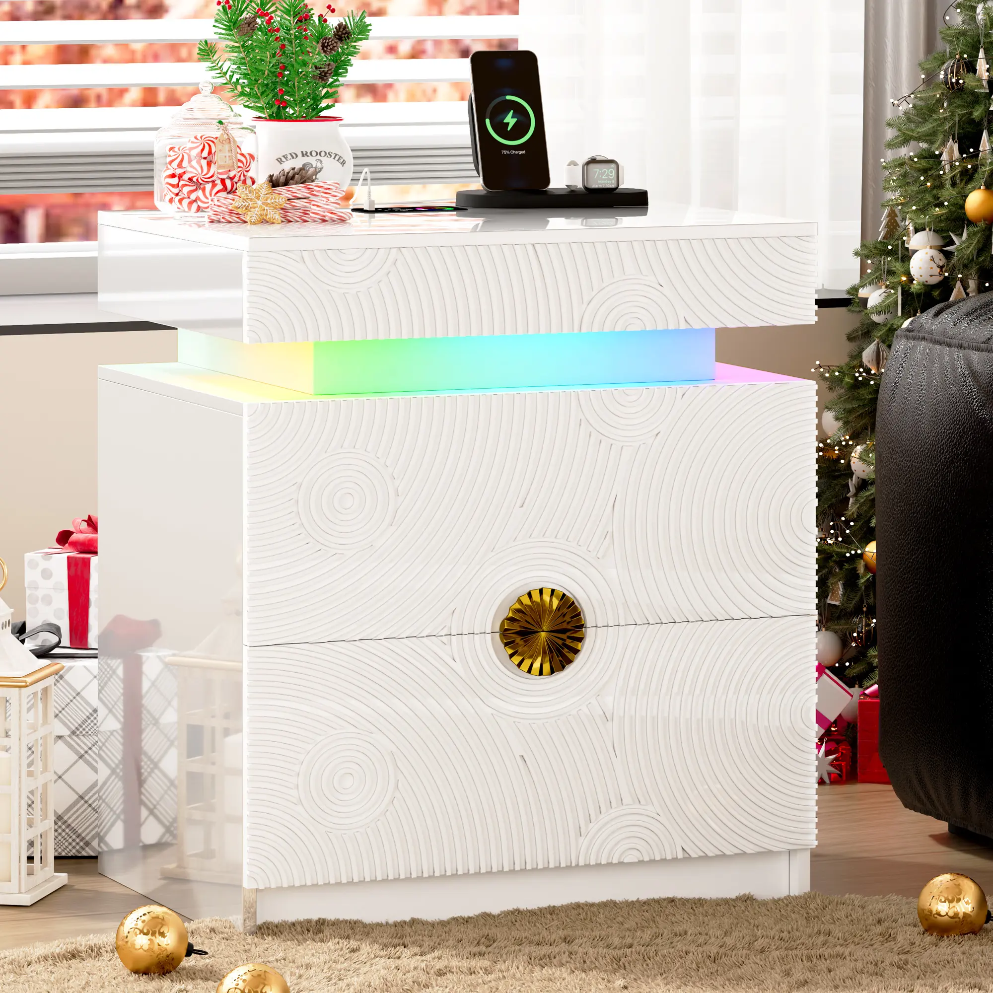 Lvifur Smart LED Nightstand with Lockable Drawer and Charging Station, Glass Top Bedside Table with 24 RGB Color Lights and 3 Storage Drawers for Bedroom