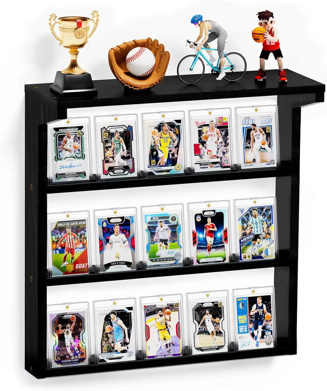 Emfogo Trading Card Display Stand for Wall, 3 Tier Wooden Graded Card Display Shelf for Sports Cards Baseball Cards and Collectibles, Wall Mounted Card Display Case with Top Shelf, Black, 17.1 x 17.6 x 2.4 in