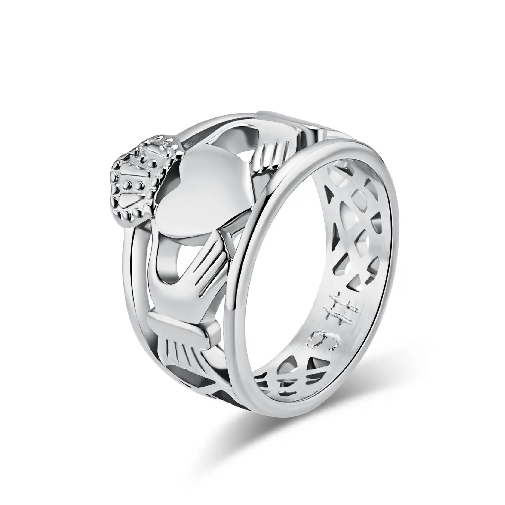 Titanium Steel Heart Design Ring - Nordic Irish Traditional Claddagh Style, Wedding Promise Rings for Couples, All Seasons Prom Wear Accessory with Geometric Cut