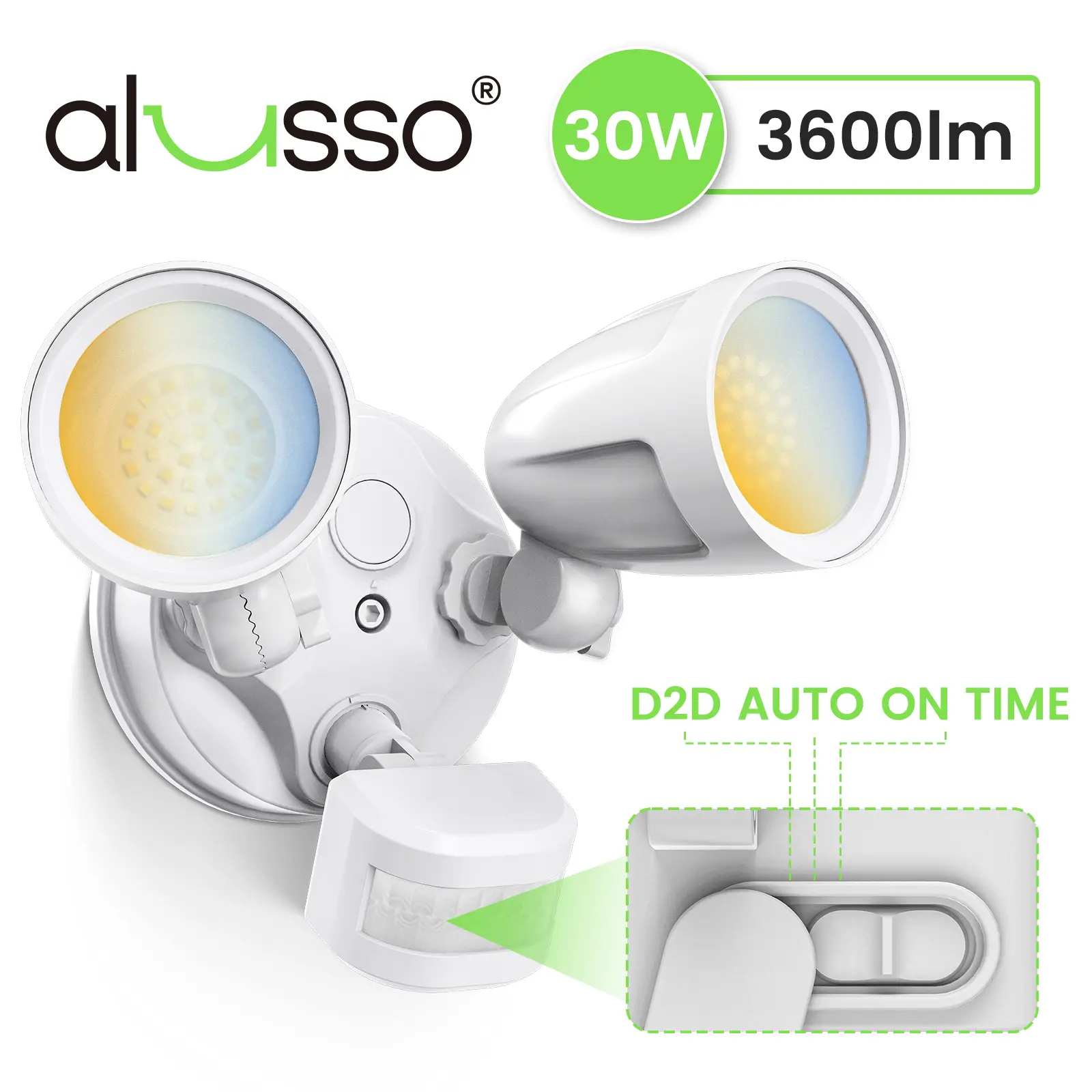1PC ALUSSO Aluminium Motion Sensor LED Outdoor Lights, 30W 2700LM Flood Lights Outdoor, 3 Modes (Dusk to Dawn/Auto/On Time), 3CCT 3000K/4000K/6500K IP65 Waterproof Hardwired Security Light ETL Listed for Porch Garage, White