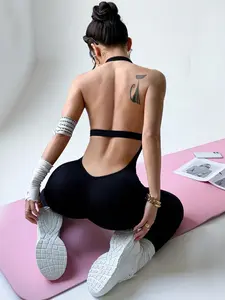 Women's Solid U Neck Sports Bodysuit Workout Jumpsuit, Casual Sporty Sleeveless Bodysuit for Yoga Gym Workout Running, Ladies Sportswear for All Seasons