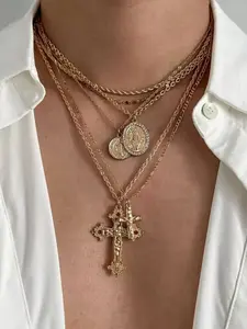 Fashion Cross Pendant Multi-Layer Necklace Set, Casual Style Clavicle Chain, Unique Design, Perfect Gift