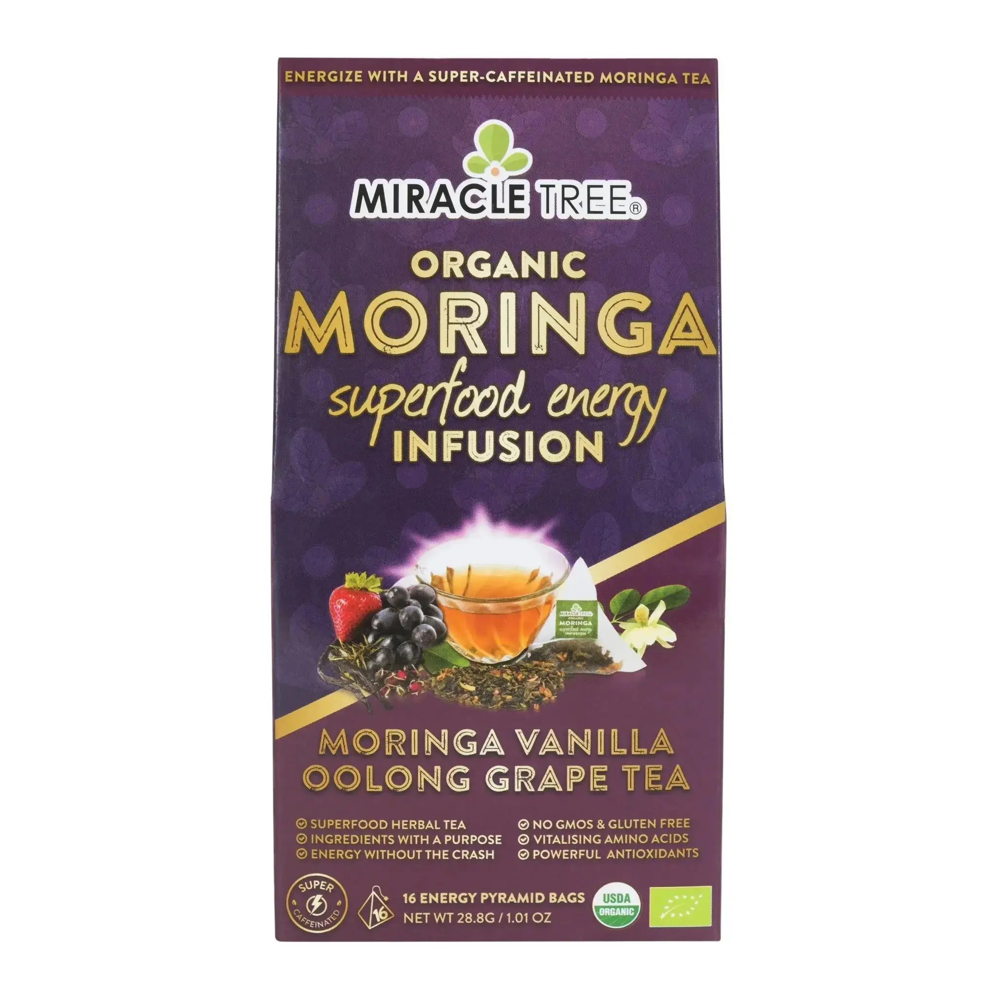 Miracle Tree Organic Moringa Energy Tea Grape Vanilla Natural Coffee Alternative 155mg Caffeine USDA Certified Vegan Gluten-Free - Dandelion Wolfberry Tea, Beverage, Herbal