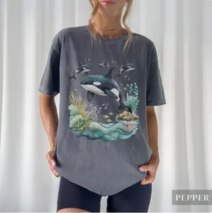 Vintage 90s Orca Pod T-Shirt | Retro Y2K Ocean Animal Aesthetic, Trendy Cute Boho Killer Whale T-Shirt, Marine Biology Dolphin Baggy T-Shirt Top