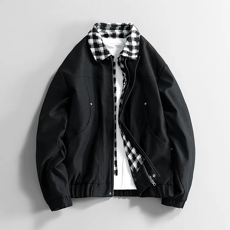 Men Fake Two Piece Plaid Collar Bomber Jacket, Black Twill Fabric Black White Check Lined Zip Up Elastic Hem Oversized Loose Y2K Skate Streetwear Workwear Outer Coat