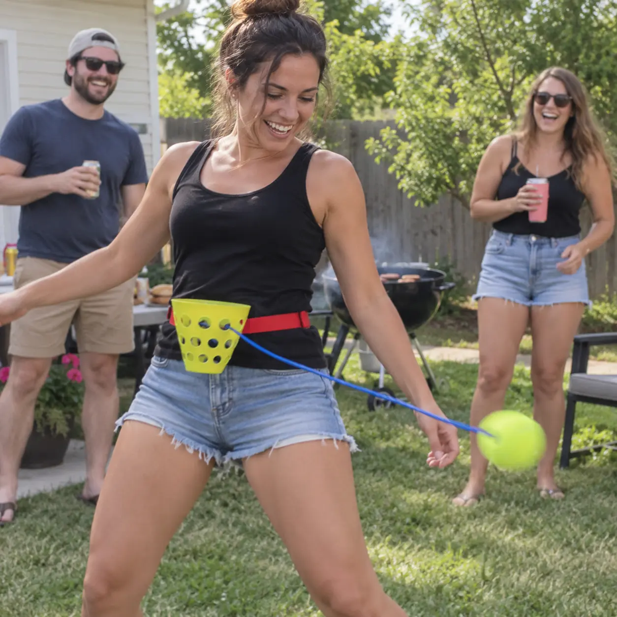 Swing Away Lawn Tetherball Game - Plastic Waist Tetherball Game with Belt Basket, Hanging Ball, Interactive Fun for Adults’ House Parties, Birthday Gatherings