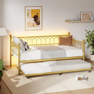 Gold Daybed with Trundle,Twin Size Metal Day Bed with Charging Station & LED Lights, Metal Bed Frame with Pull-Out Trundle, Heavy Duty Steel Slats Supports, for Living Room, Apartment, Small Spaces