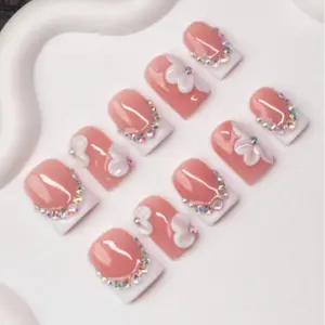 10pcs Square Shaped Handmade Nail Tips, Nail Set, Y2K Baddie Style, Nude & White Color With French Tips, Carved Patterns, Rhinestone Elements, Suitable For Parties, Daily Wear, Great Gift For Women And Girls Nails Press On Nails
