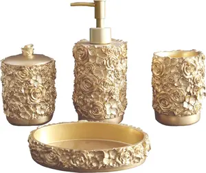 Gold Bathroom Accessories Set, Rose Design Bathroom Set Farmhouse Bathroom Decor,4 Pcs Resin Soap Dispenser