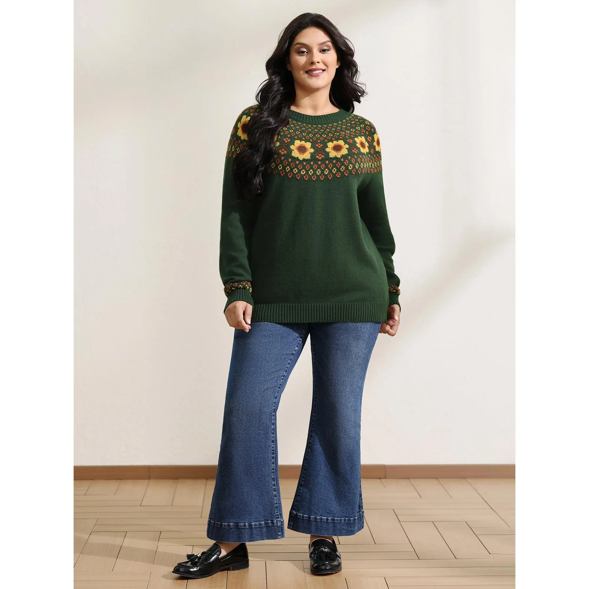 BloomChic Women's Plus Size Fair Isle Jacquard Pullover Tops, Loose-Fit Round Neck Long Sleeves Garment with Ethnic Floral Pattern, Nylon-Polyester-Acrylic Blend Fabric, Longsleeves, Low Iron, Plus Size Clothes, Hand Wash, Knitwear, Hoodie, Casual, Lady