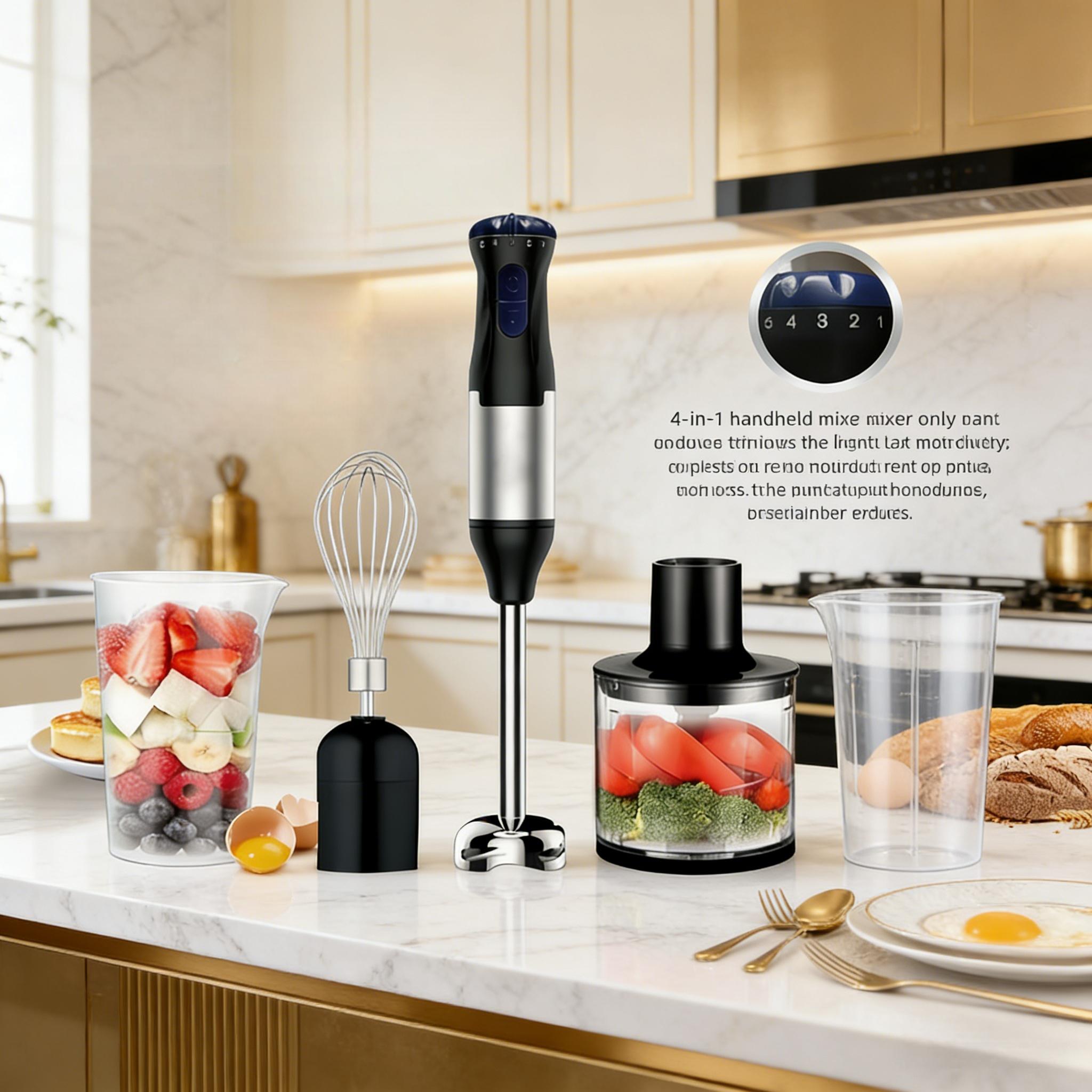 700W Immersion Blender Handheld Four in One Blender Rod, Used for Crushing Ice Sand, Baby Food, Soup, Manual Blender Turbocharged Stainless Steel Blades, Comes with Whiskey, Chopper, and Beaker