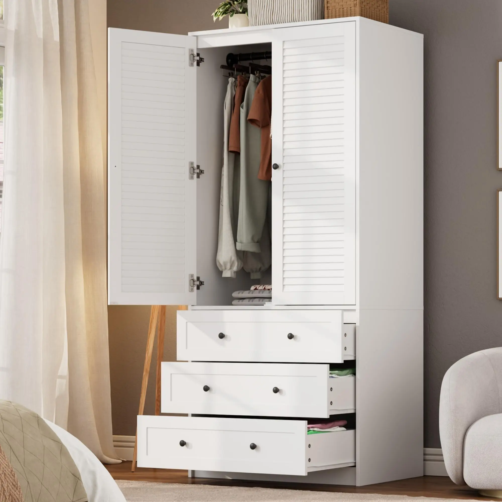 70" Wooden Wardrobe Armoire with 2 Doors & 3 Drawers – Freestanding Closet Storage Cabinet with Hanging Rod & Shelf – Large Capacity Bedroom Armoire