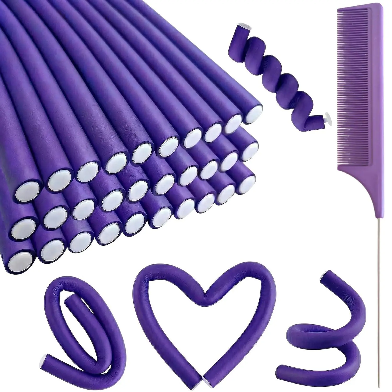 30 Pcs 9.45 Inch Flexible Foam Hair Rollers, No Heat Flexi Rods Curlers with Comb for Short and Long Hair