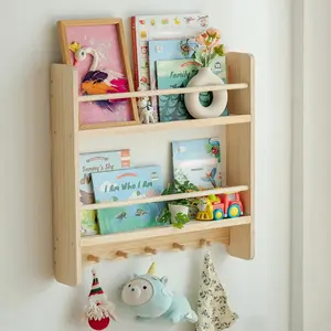 Nursey Bookshelf for Wall: 23.6inch 2-Tier Floating Book Shelves for Kids Toddlers SAHM Gifts Bedroom Playroom Solid Pine Wood Storage Organizer with Ledge Hooks Bar