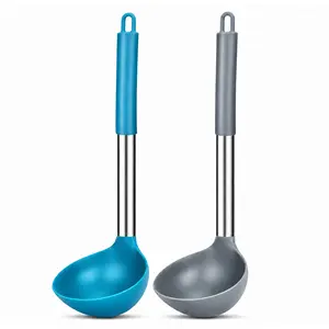 Silicone Ladle Set of 2, Heat Resistant Soup Ladle Spoon for Nonstick Cookware, BPA Free Kitchen Utensils for Cooking, Stirring and Serving Soup, Grey Blue