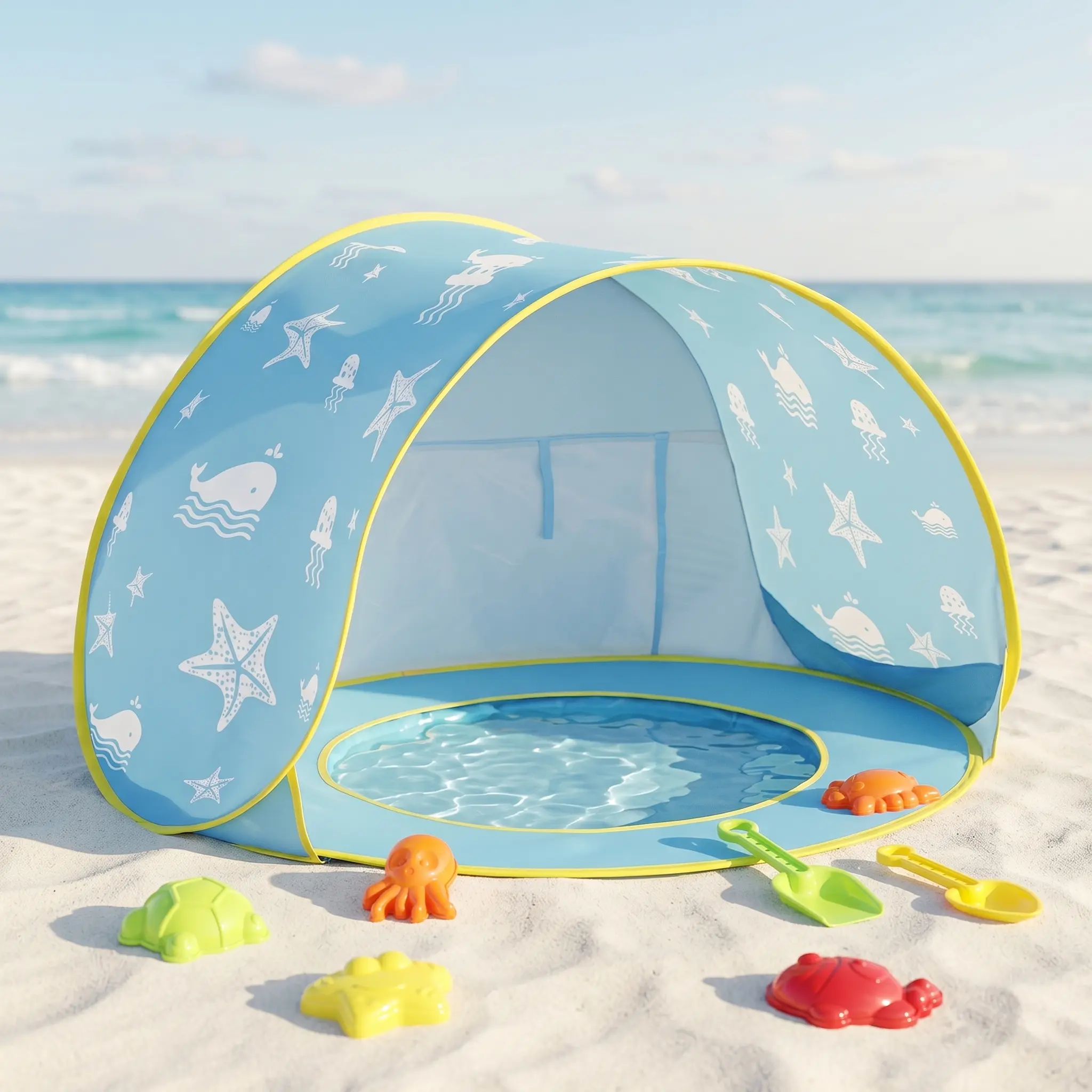 Apojungle Viral Baby Beach Tent - 2-in-1 Sun Shade with Mini Pool & Toy Set, the Ultimate Summer Must-Have.Ocean-Themed Baby Tent with Built-in Pool & Toys - UPF 50+ Sun Shade for Beach & Backyard Summer Fun