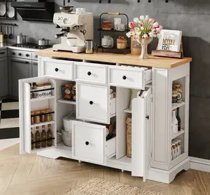 White Storage Sideboard Buffet Cabinet, Multi-functional Console Table with 5 Drawers & 2 Cabinets, Adjustable Inner Shelves Design, Practical Home Furniture for Dining Room Living Room Entryway Decor