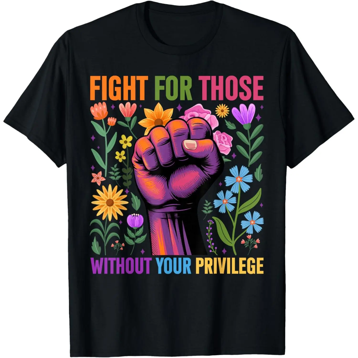 Menswear Cotton Knit Shortsleeve Tshirt - Casual Round Neck Sports Top with "Fight For Those Without Your Privilege" Quote Design, Subtle Flower Print, Breathable Fabric, Machine Washable