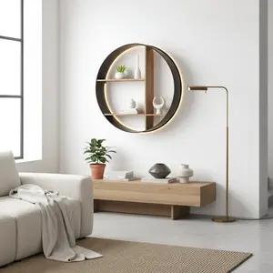 36" Black and Brown Metal and Wood Circular Multi-Tier Shelf