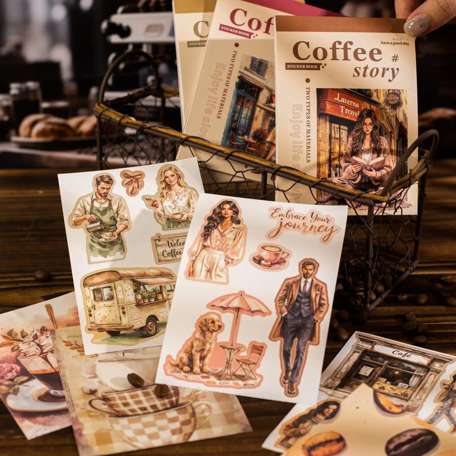 20 Sheets/bag Sticker Book, Coffee Shop Story Series Four Designs, Coffee Theme Stationery Journal Water Bottle Decoration Stickers, Coffee Decals