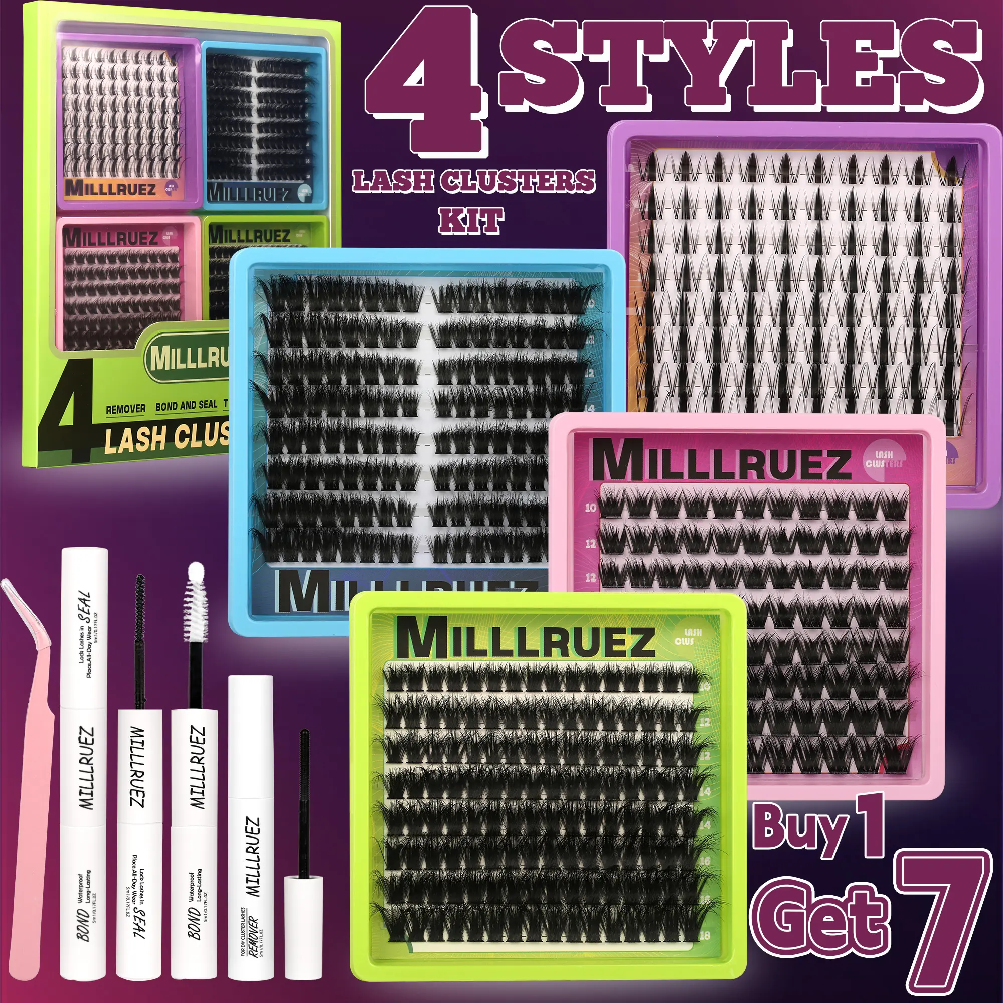 4 Nature Styles Lash Clusters Kit, Fairy/ Deer/ Cat/ Rabbit Eyelash Clusters Extensions with Everything You Need for Beginners and Proficient, Beayty at Home Easily