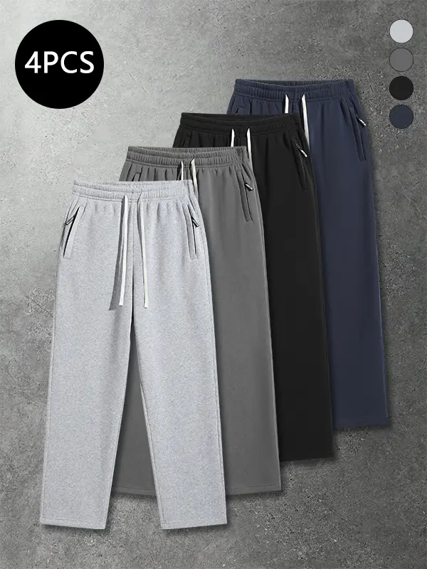 Men’s 4-Pack Spring/Autumn Loose Straight-Leg Solid Color Drawstring Elastic High-Street Versatile Casual Sport Long Pants – Baggy Wide-Leg Sweatpants, Loose Fit Joggers sohochic