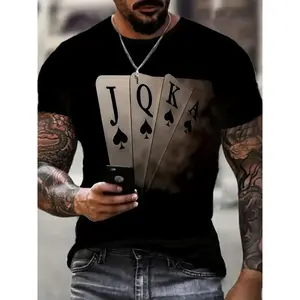 Men's T-shirt with 3D Printed Poker Pattern, Casual T-shirt, Checkered Short Sleeve, Summer Clothing for Men -220g