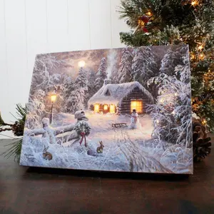 Abraham Hunter Holiday Home 8x6 Lighted Tabletop Canvas with Snowy Retreat Scene and Festive Wreath for Winter Decor