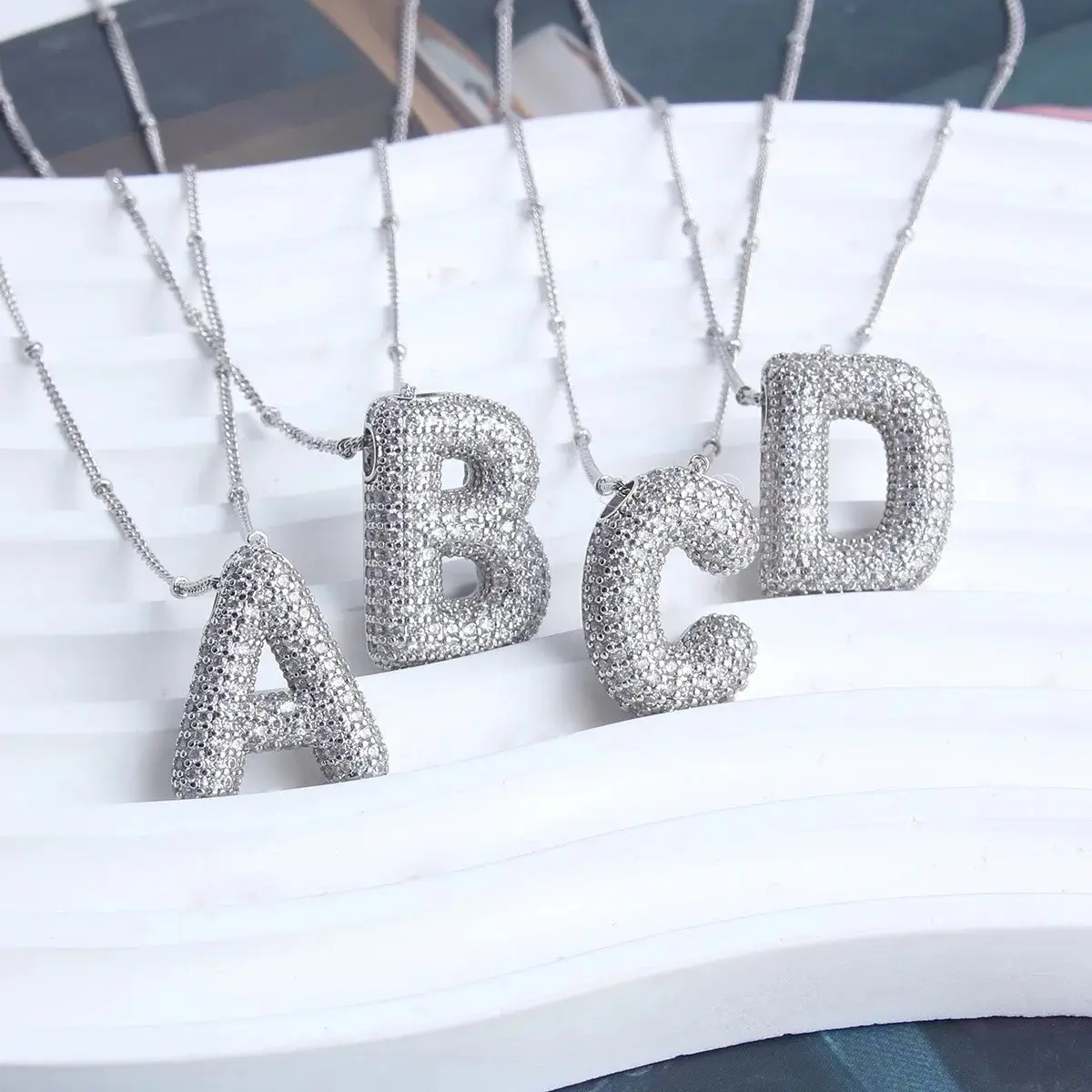 Chunky Bubble Initial Necklace with Cubic Zirconia, 16-18 Inch Chain, Adjustable Clasp, and Personalization for Everyday Wear