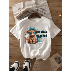 [Cute Highland Cow T-Shirt] Plus Size Casual Crew Neck T-Shirt - 100% Polyester Knit Fabric, Slight Stretch, Cute Highland Cow Graphic, Summer Short Sleeve Top, Animal Pattern, 180g/m² - Black