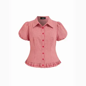 Cider Cotton-blend Gingham Knotted Ruffle Hem Puff Sleeve Blouse Curve & Plus