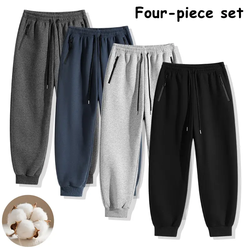 4-Pack Cotton Lounge Joggers, Elastic Drawstring Cuffed Pants with Zipper Pockets, Affordable All-Season Pants