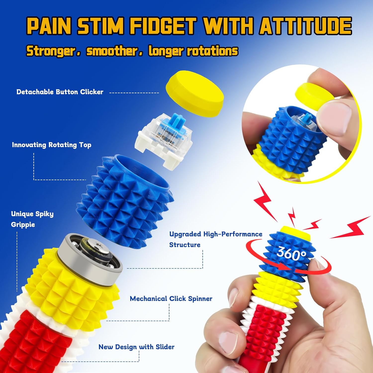 Button Clicks Spinners Portable Stim Tool, Little Ouchies 5-in-1 Design for Stress Relief Spiky Grippie Stim 3D Printed Toys Pain Stim Fidget