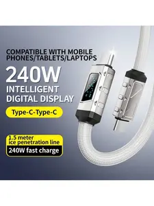 240W digital display fast charging cable braided PVC zinc alloy data cable with digital display, featuring Type-C to Type-C fast charging and data synchronization, suitable for iPhone17/16/15, iPad Pro, fast charging cable with digital display