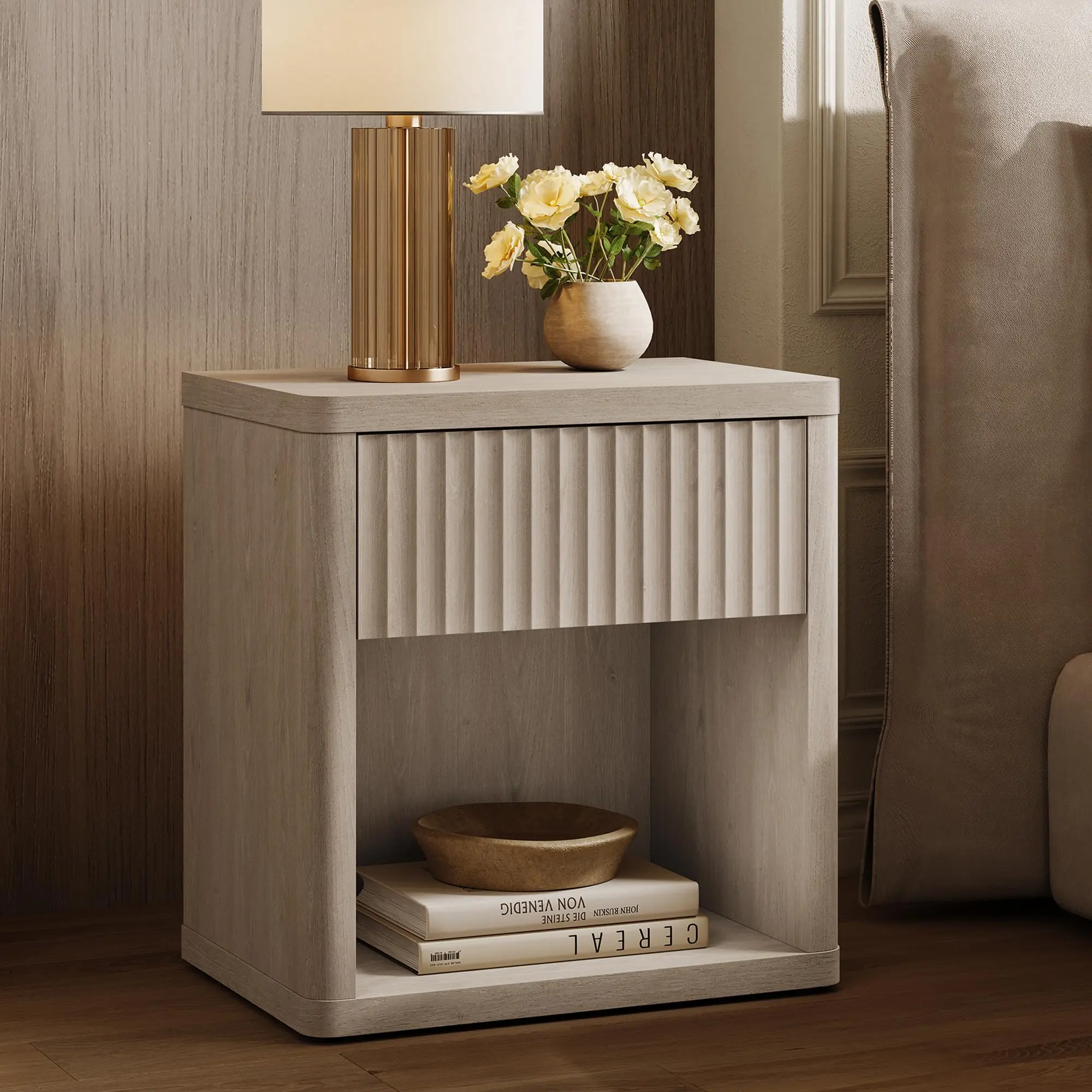 Fluted Wood Bedside Table - With Drawer Storage, Open Shelf, Spacious Tabletop - Practical End Table for Bedroom, Living Room, Home Office, Ideal for Books, Lamps, Decor#tiktokshopbacktoschool #sohochic