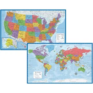 Laminated World Map & US Map Poster Set 18" x 29" Wall Chart Maps of the World & United States Made in the USA