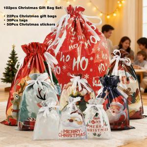 102pcs Christmas Drawstring Gift Bag Set with 22 Reusable Holiday Bags 30 Tags & 50 Themed Stickers for Boys Girls Small to Extra-Large Santa-Themed Loose Gift Bags for Candies Party Supplies Folding Bouncing Red Envelope Cash Box Lighted Assorted Size Ba