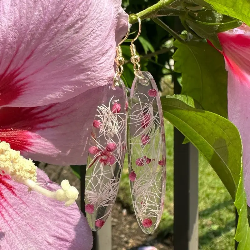 Oval Shape Hot Pink Resin Earrings Floral Design with Gold Hooks and Intricate Flower Patterns