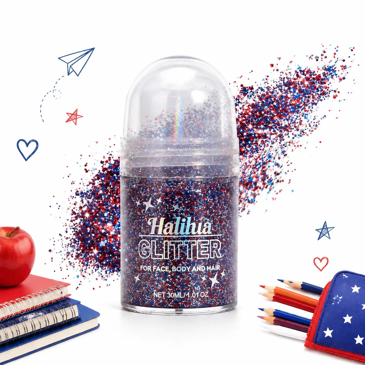 Back to School Roll-On Body Glitter Gel | Glitter Makeup for Face & Body, Perfect for Cheer, Game Day, School Events & Parties