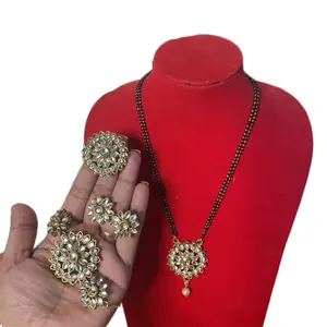Traditional Kundan Design Magalsutra Necklace Set with Ear Stud Bracelet & Adjustable Finger Ring Jewelry Set