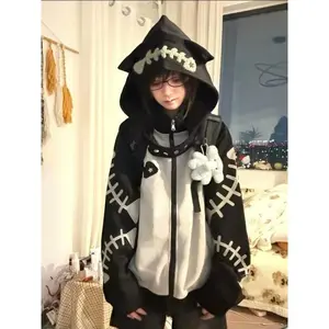 Japanese Subculture Patchwork Loose Hoodie Women Casual Punk Long Sleeve Sweet Vintage Jacket Gothic Punk Embroidery Sweatshirts