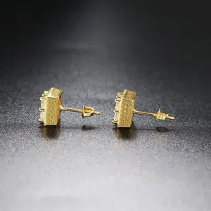 18 Karat Layered Real Gold-Filled Square Pave Ear Studs - Hip Hop Iced-Out Screwback Fashion Stud Earrings Jewelry for Trendy Style Enthusiasts