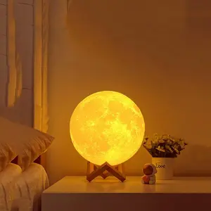 5.9 Inch 3D LED Moon Lamp with Wooden Base, Remote & Touch Control, USB Rechargeable Night Light for Kids, Home Decor, Holiday Gift, Party Atmosphere, Adjustable Brightness Lights