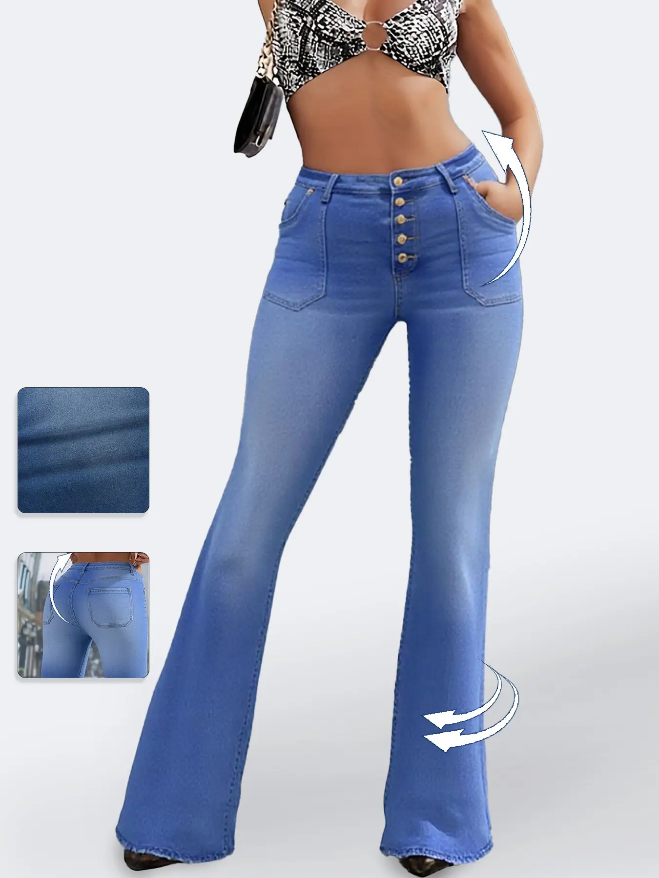 【 Plus Size】 Button Flare Leg Vintage Denim Flared Jeans, Casual Chic Basic Pocket Bell Bottoms Trousers for Women, Plain Button Jeans, Denim Pants fo