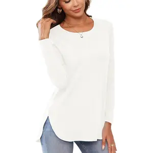 Women's Casual Long Sleeve T Shirt Crewneck with Side Split Fall Pullover Loose Tunic Sweater Tops