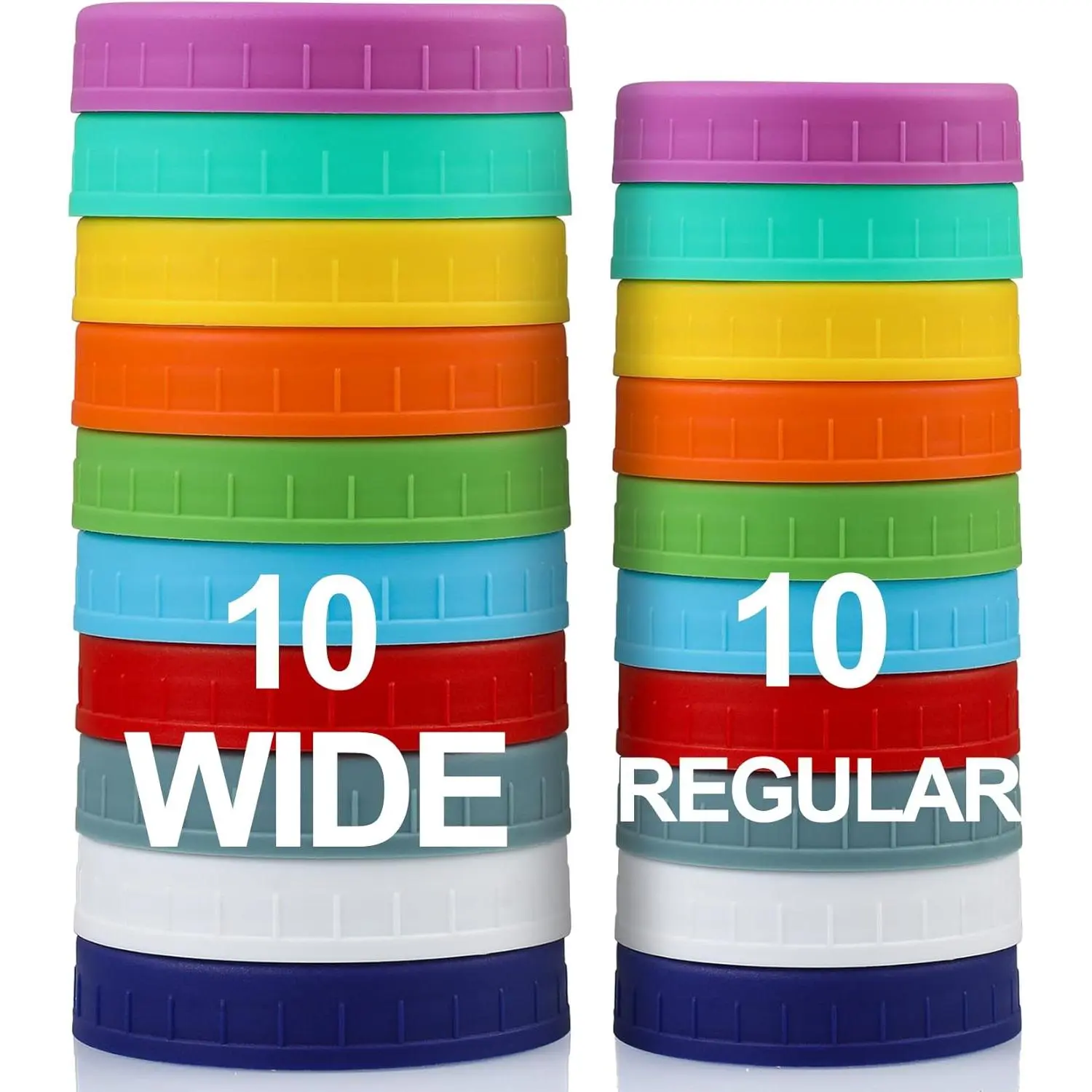 10 WIDE Mouth & 10 REGULAR Mouth Mason Jar  - 20 Pack  Grade Plastic Mason Jar Caps for Ball, Kerr and  Canning Jars - Leakproof & Dishwasher Safe - Multicolor